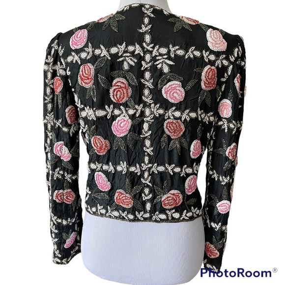 Vintage 100% silk heavily beaded rose jacket hook eye closure fully lined Size M - Picture 2 of 16